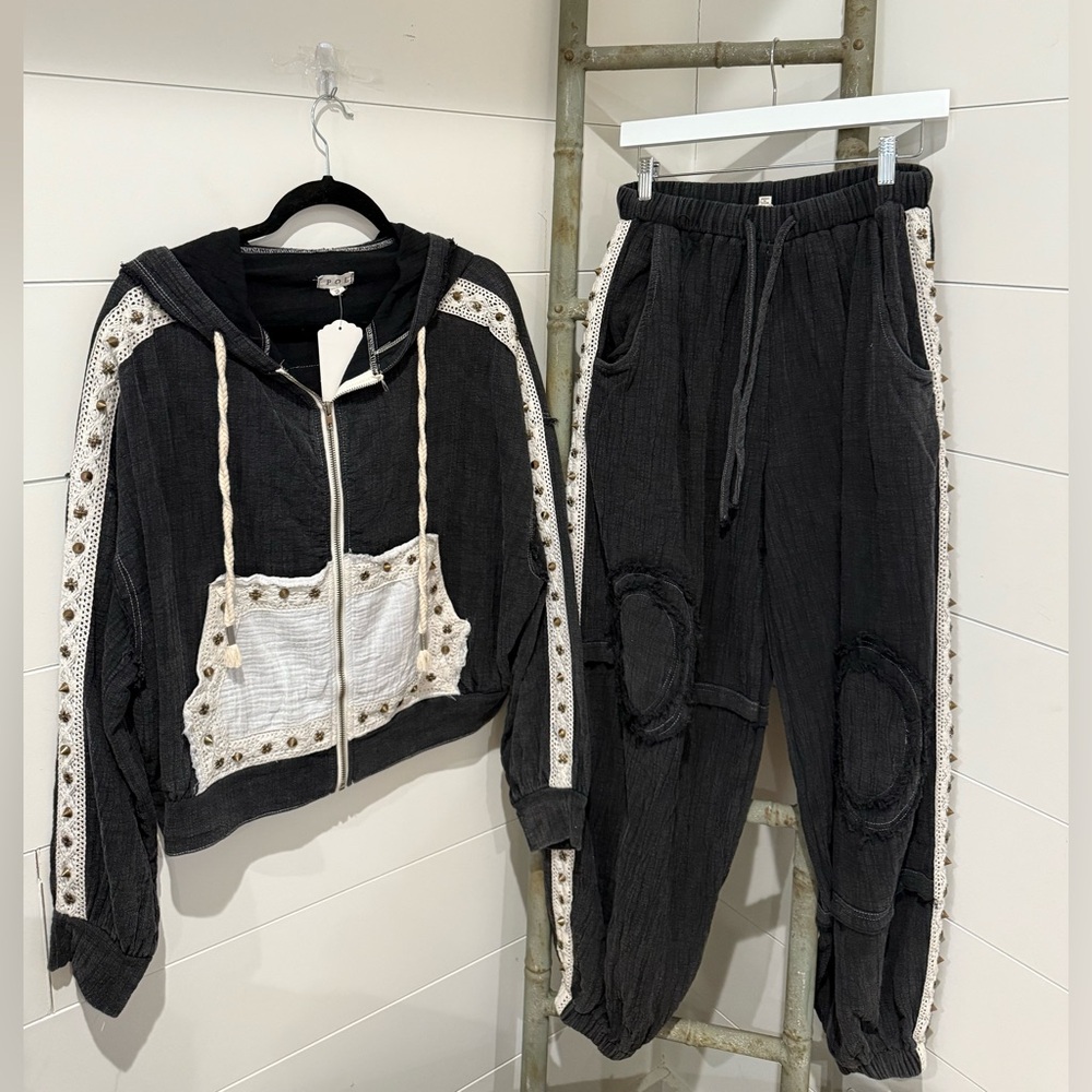 NEW POL SETS : “The Nightingale”Black and Creamy White distressed Hoodie&Jogger